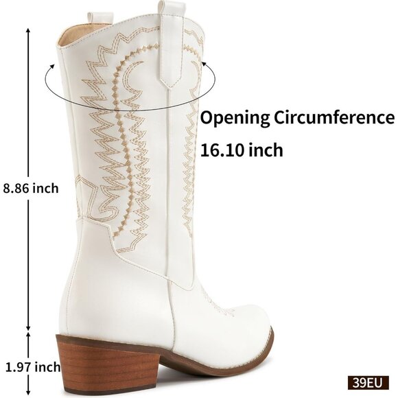 Women's Embroidered White Mid Calf Western Pointed Toe Low Chunky Heel Boot - Picture 5 of 7